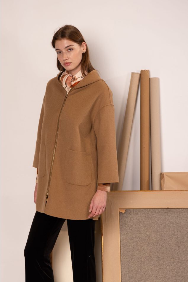 Hooded Three-Quarter Woolen Coat