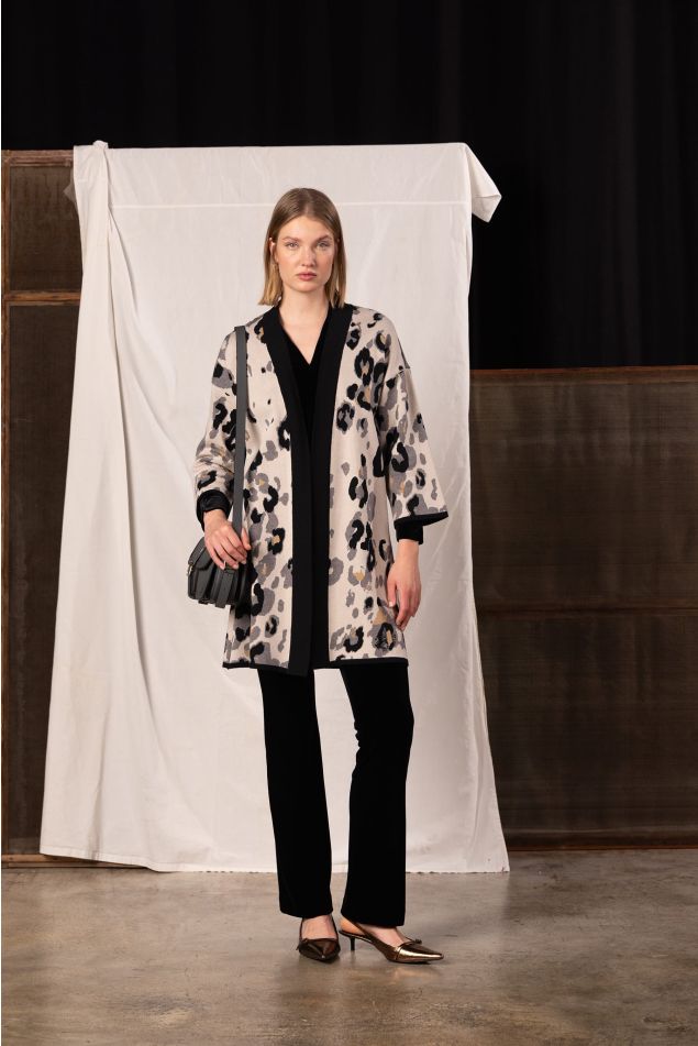 Long Animal-Jacquard Knit Cardigan