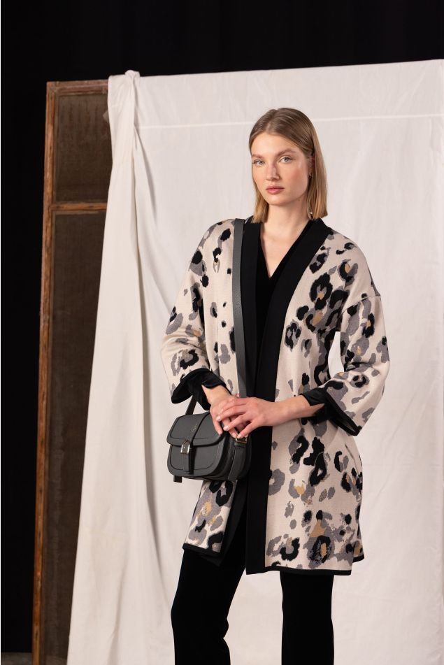 Long Animal-Jacquard Knit Cardigan
