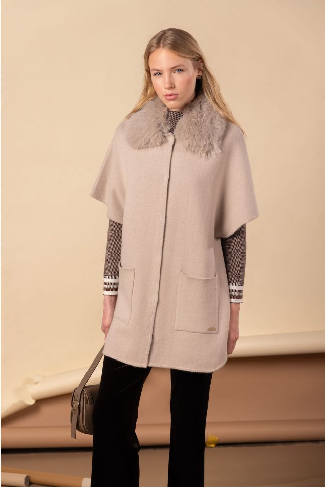 Knit Cape with Faux Fur Collar