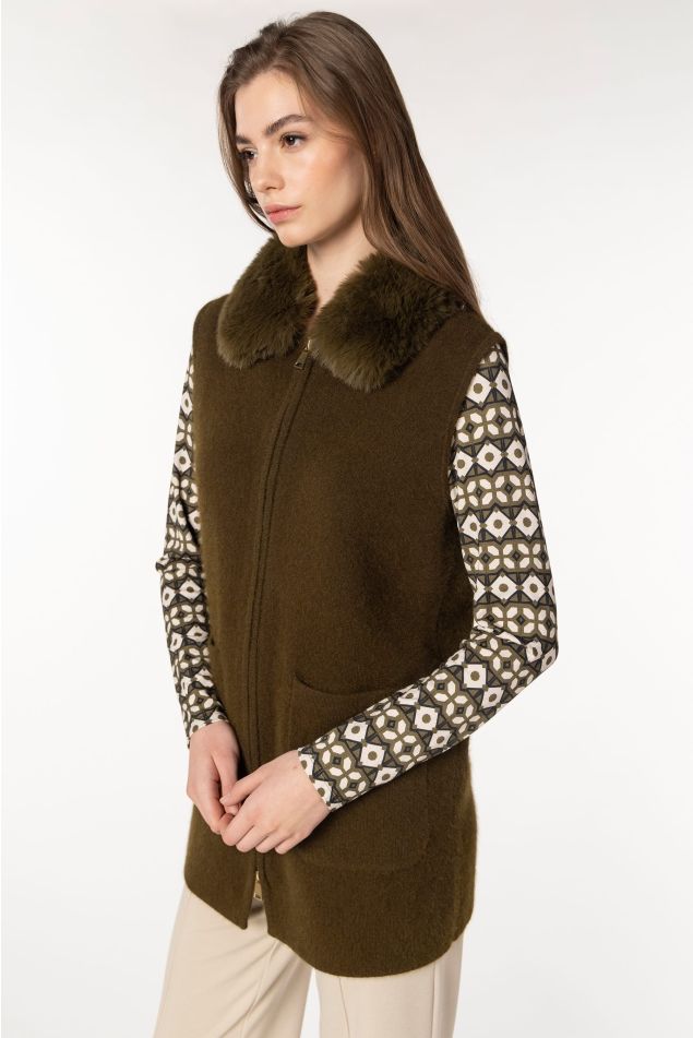 Hooded Knit Vest with Natural Fur