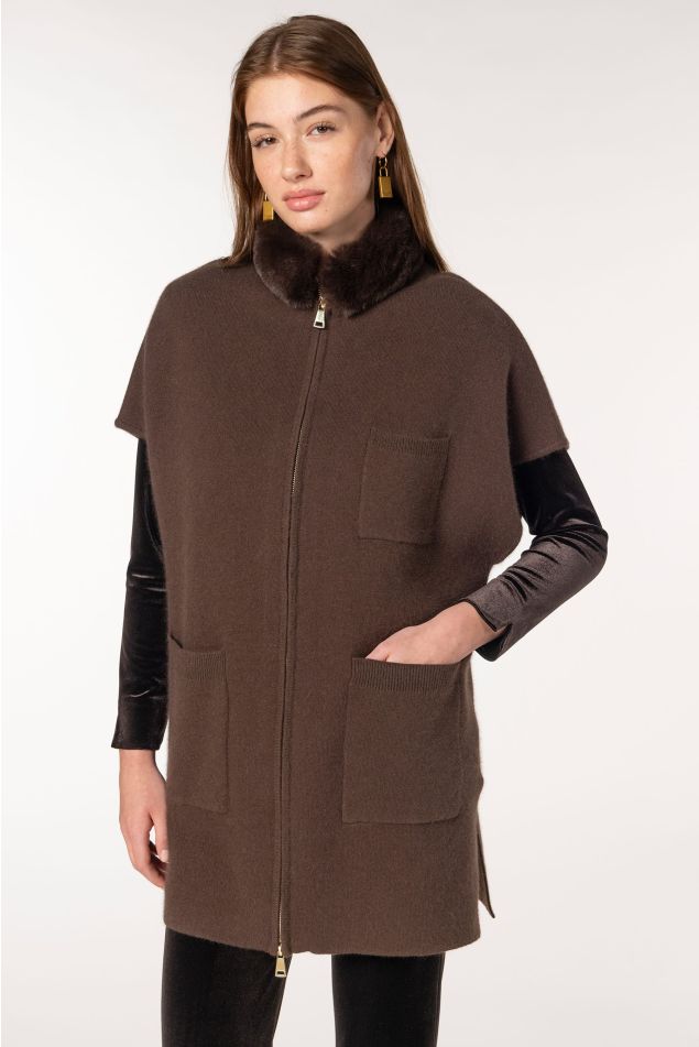 Milano Knit Cape With Faux Fur Mao Collar