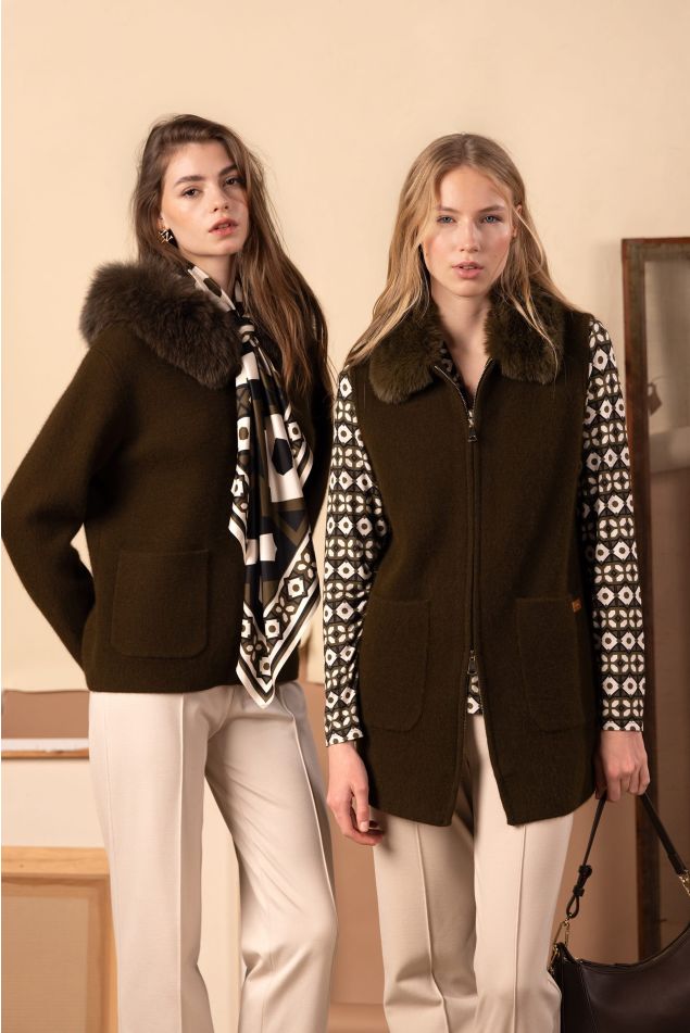 Hooded Knit Vest with Natural Fur