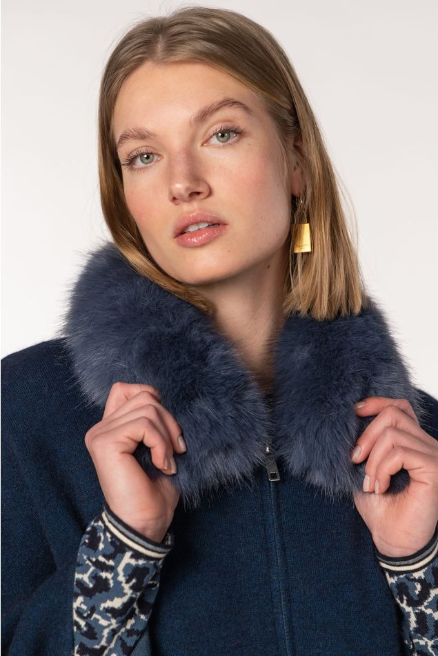 Knit Cape with Faux Fur Collar and Zip