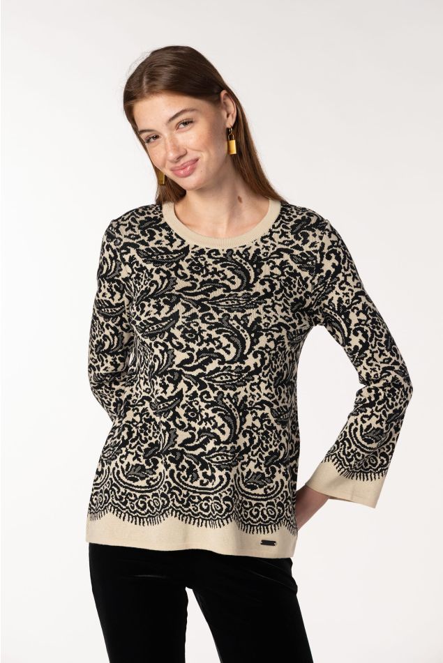 Jacquard Sweater With Lace Motif and Flared Sleeves