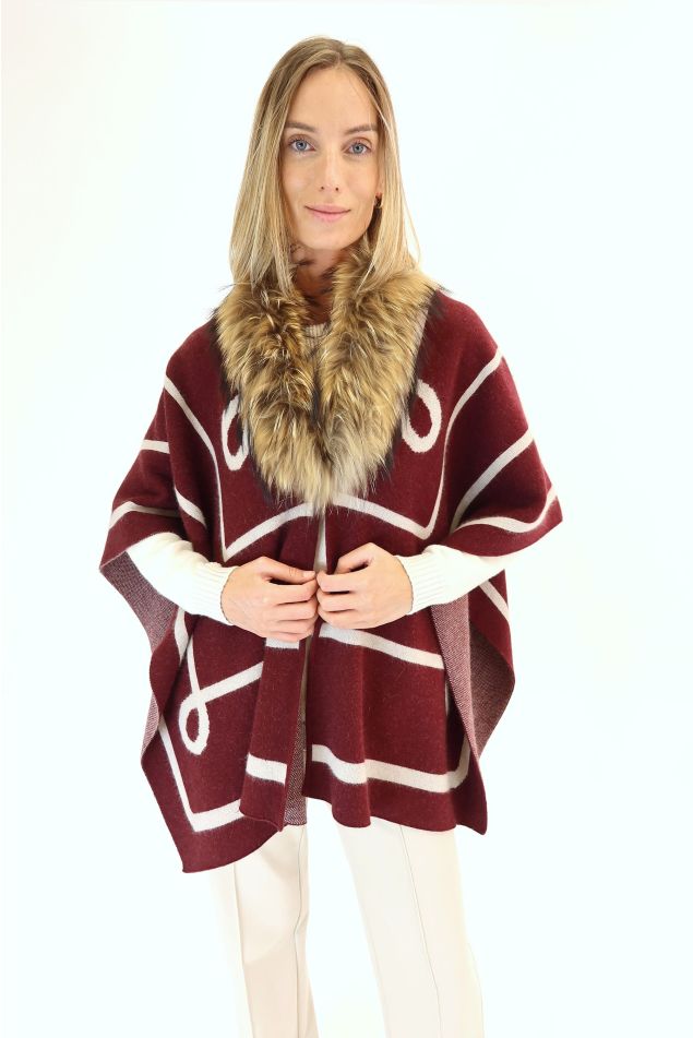 Jacquard knit wool Cape with Faux Fur Collar