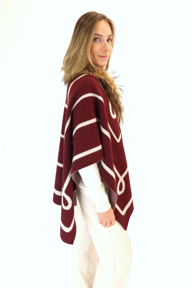 Jacquard knit wool Cape with Faux Fur Collar