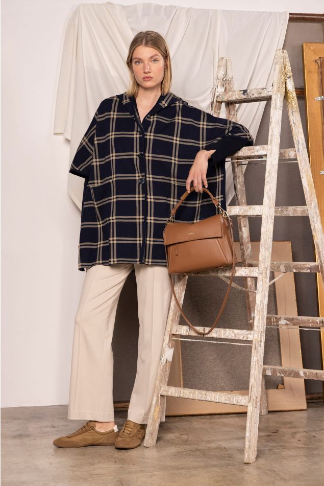 Jacquard Checked knit Cape with Hood