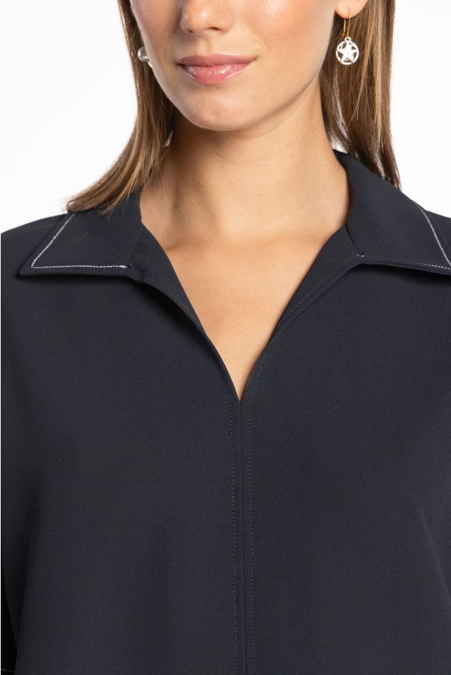 Double Crepe Blouse with Contrast Stitching