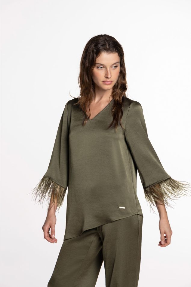 Double Satin Blouse with Ostrich Feathers