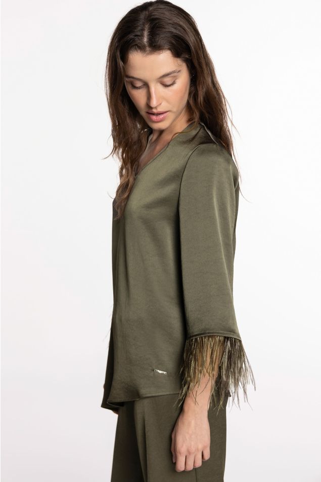 Double Satin Blouse with Ostrich Feathers