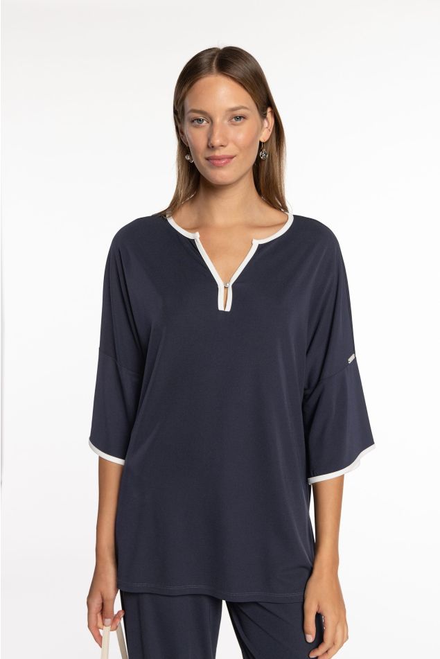 Jersey tunic with contrasting trims on neckline and cuffs