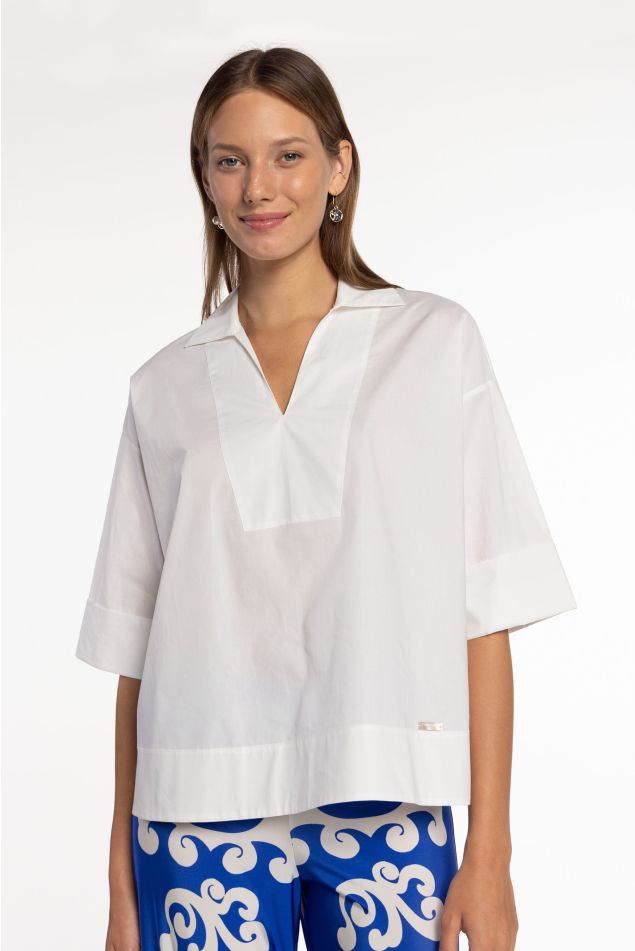 Cotton Poplin Blouse with Shirt Collar