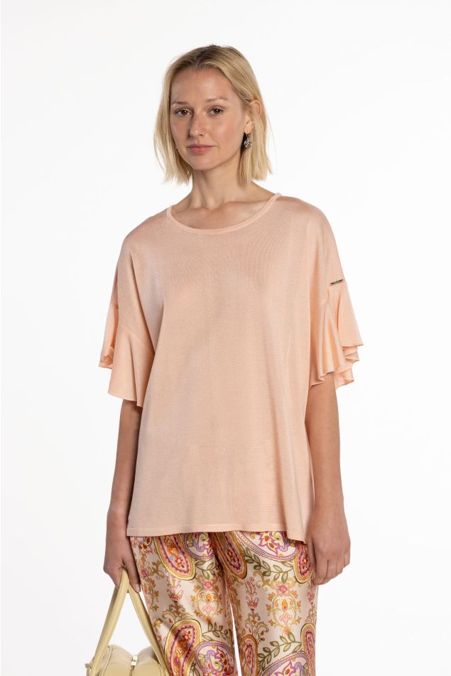 Silky Knit Sweater with Ruffled Sleeves