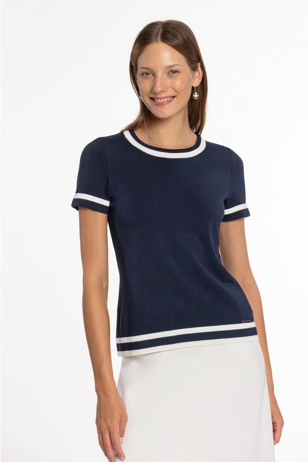 Two-tone short-sleeve knit sweater with contrast trims