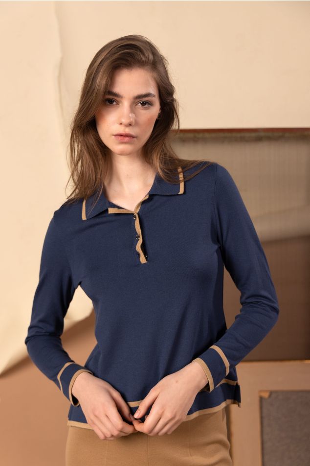 Two-Tone Knit Sweater With Polo Collar
