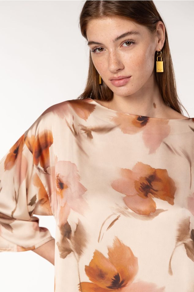 Floral Printed  Satin Blouse with Bateau Neckline