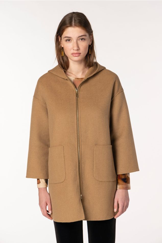 Hooded Three-Quarter Woolen Coat