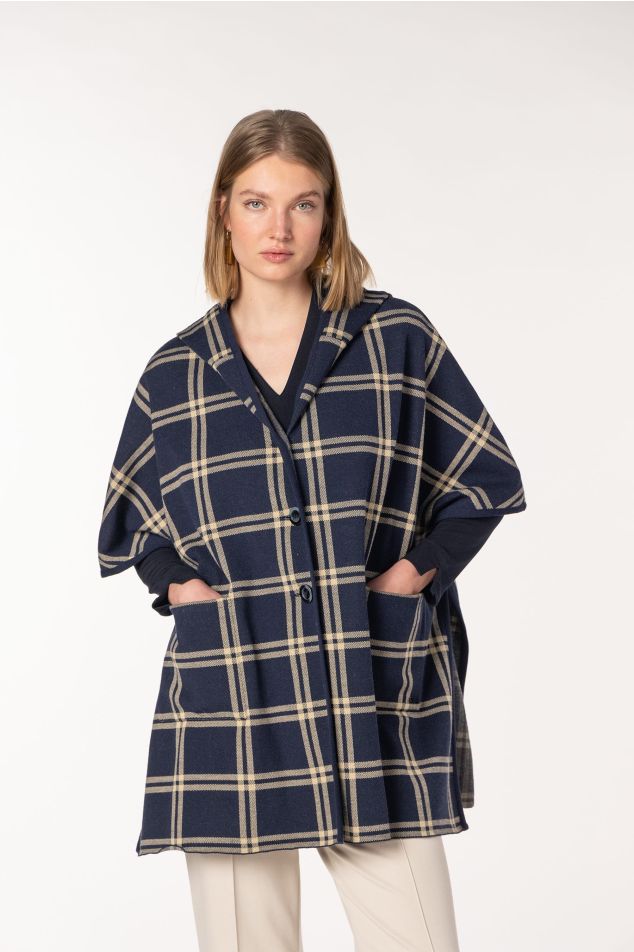 Jacquard Checked knit Cape with Hood