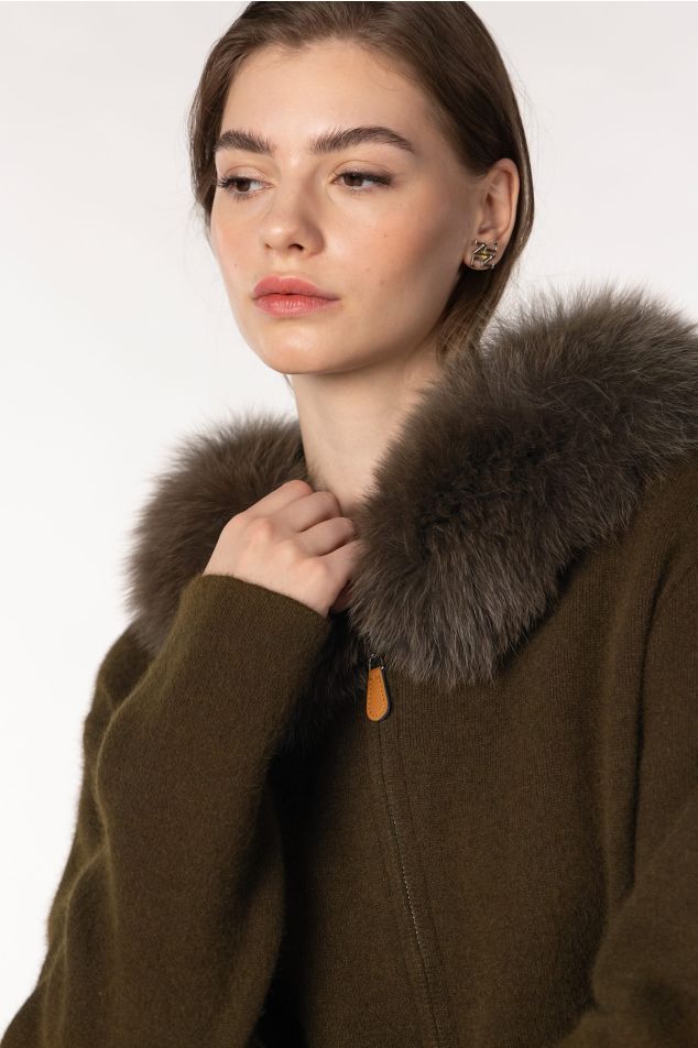 Knit Jacket with Hood and Natural Fur