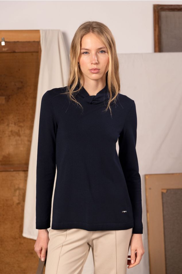 Viscose-Knit Sweater with Knotted Neckline