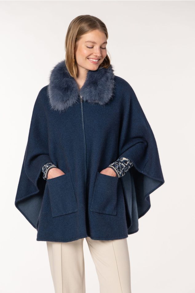 Knit Cape with Faux Fur Collar and Zip