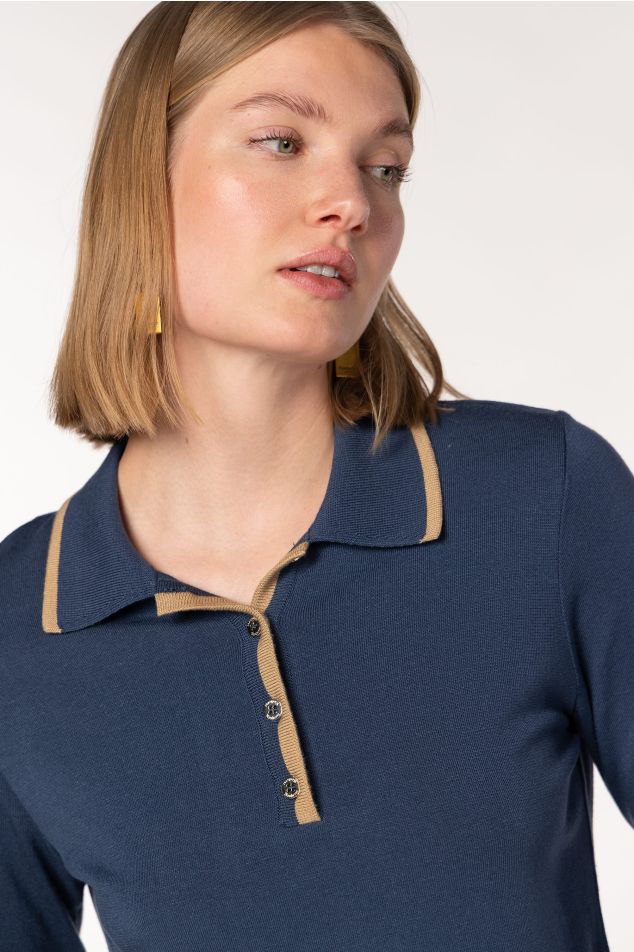 Two-Tone Knit Sweater With Polo Collar