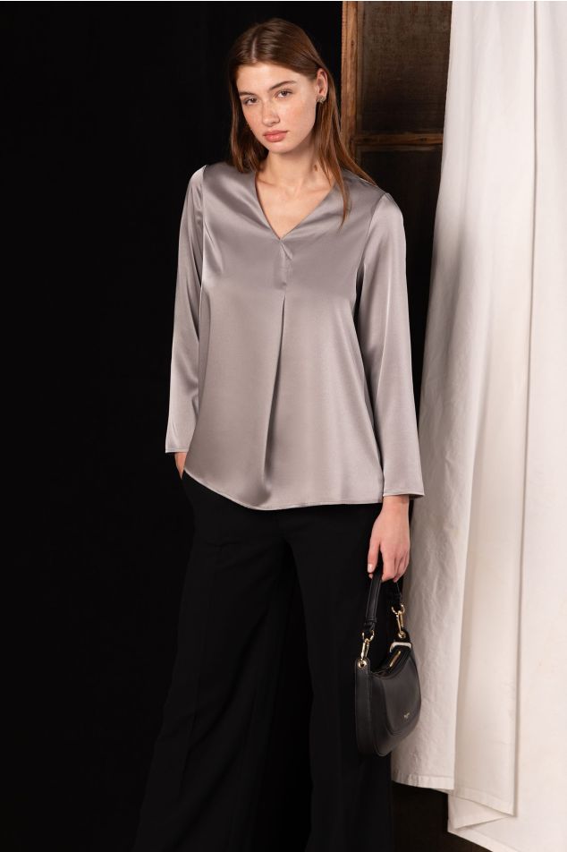 Satin Blouse with Front Pleat