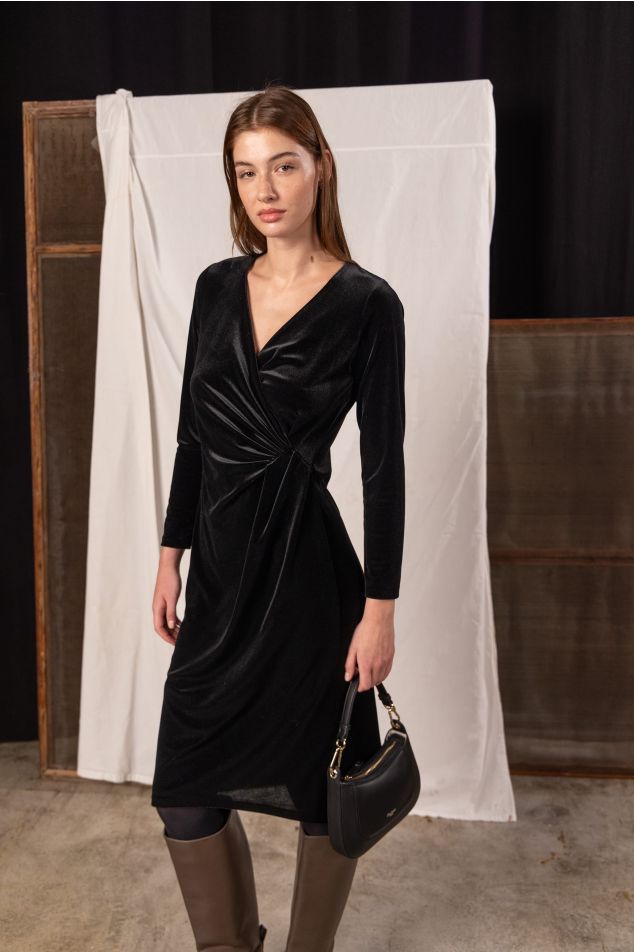 Velvet Dress with Wrap V-Neckline and Ruching