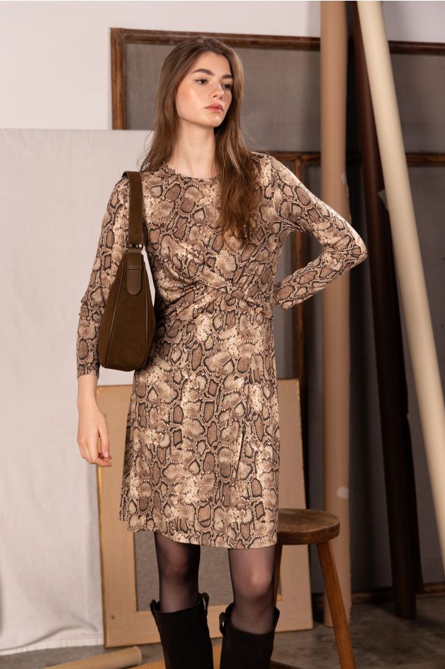 Asymmetric Dress with Ruching and Animal Print