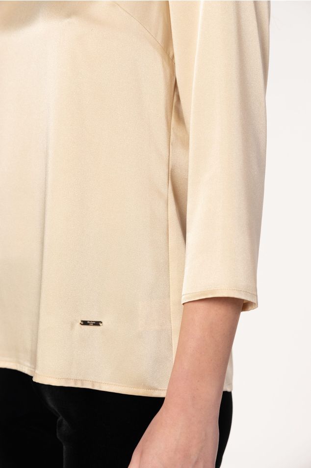 Satin Blouse With Round Neckline and Three-Quarter Sleeves