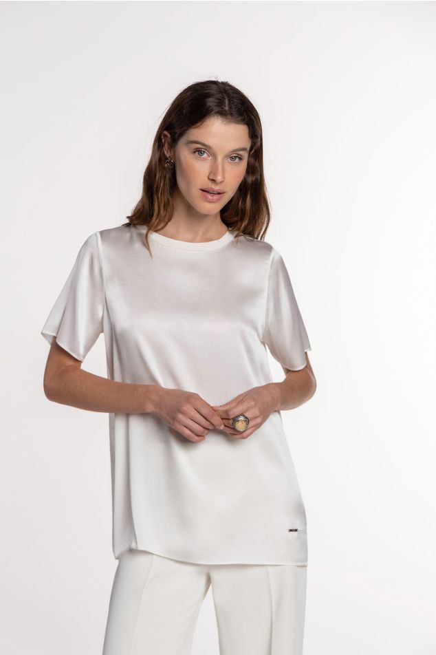 Short-Sleeved Stretch Satin Blouse