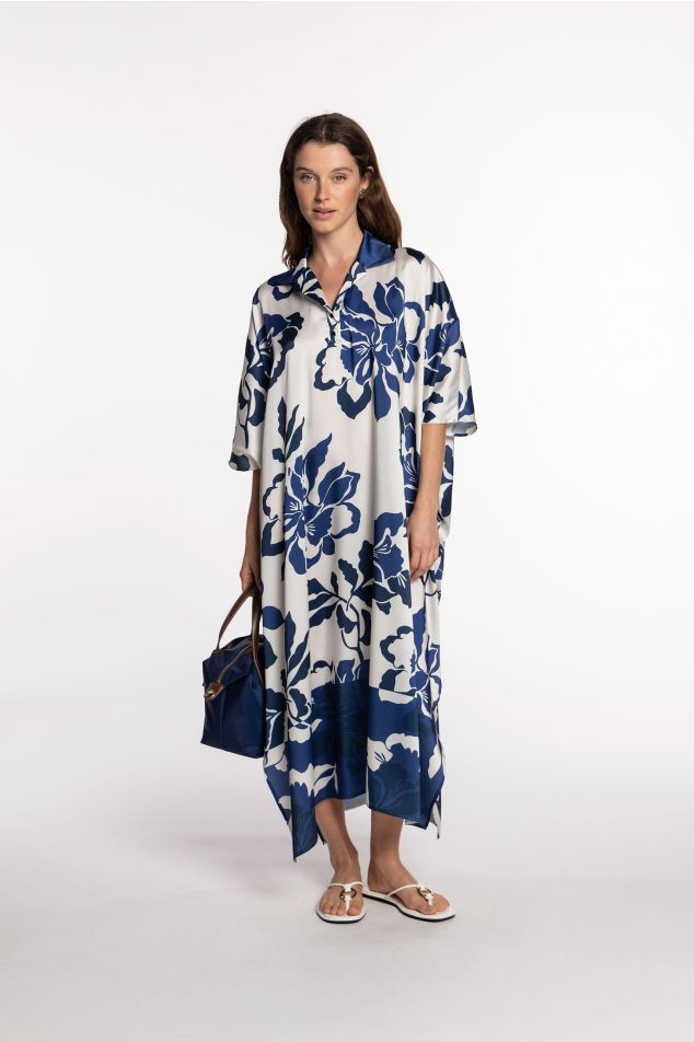 Blue Floral Shirt Twill Caftan