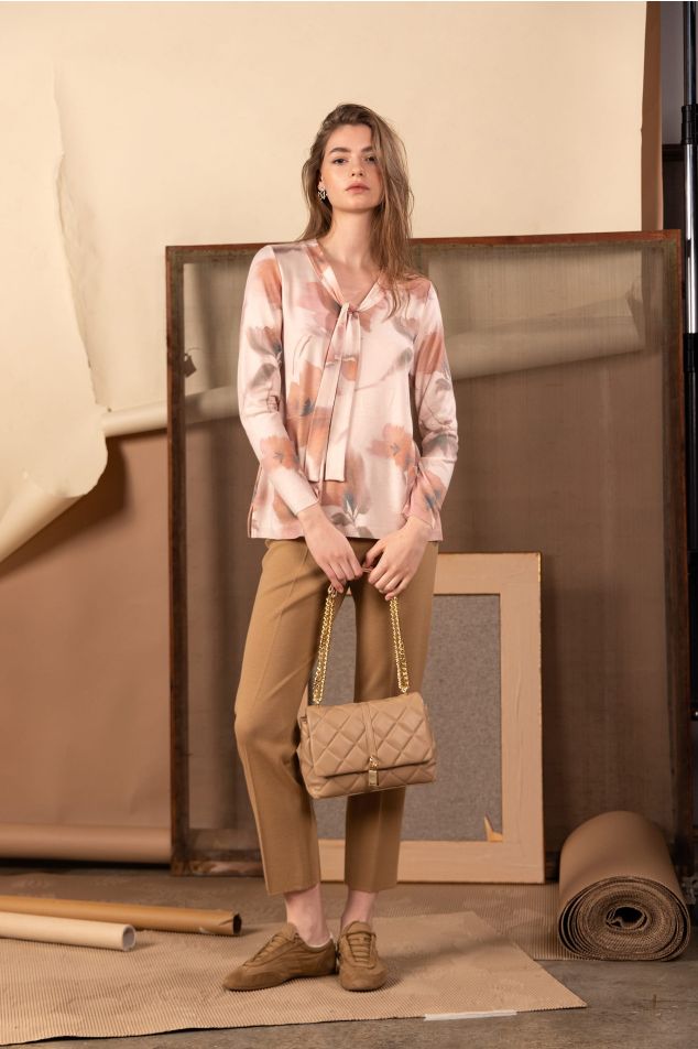 Floral-Print Knit Sweater With Tie Neck