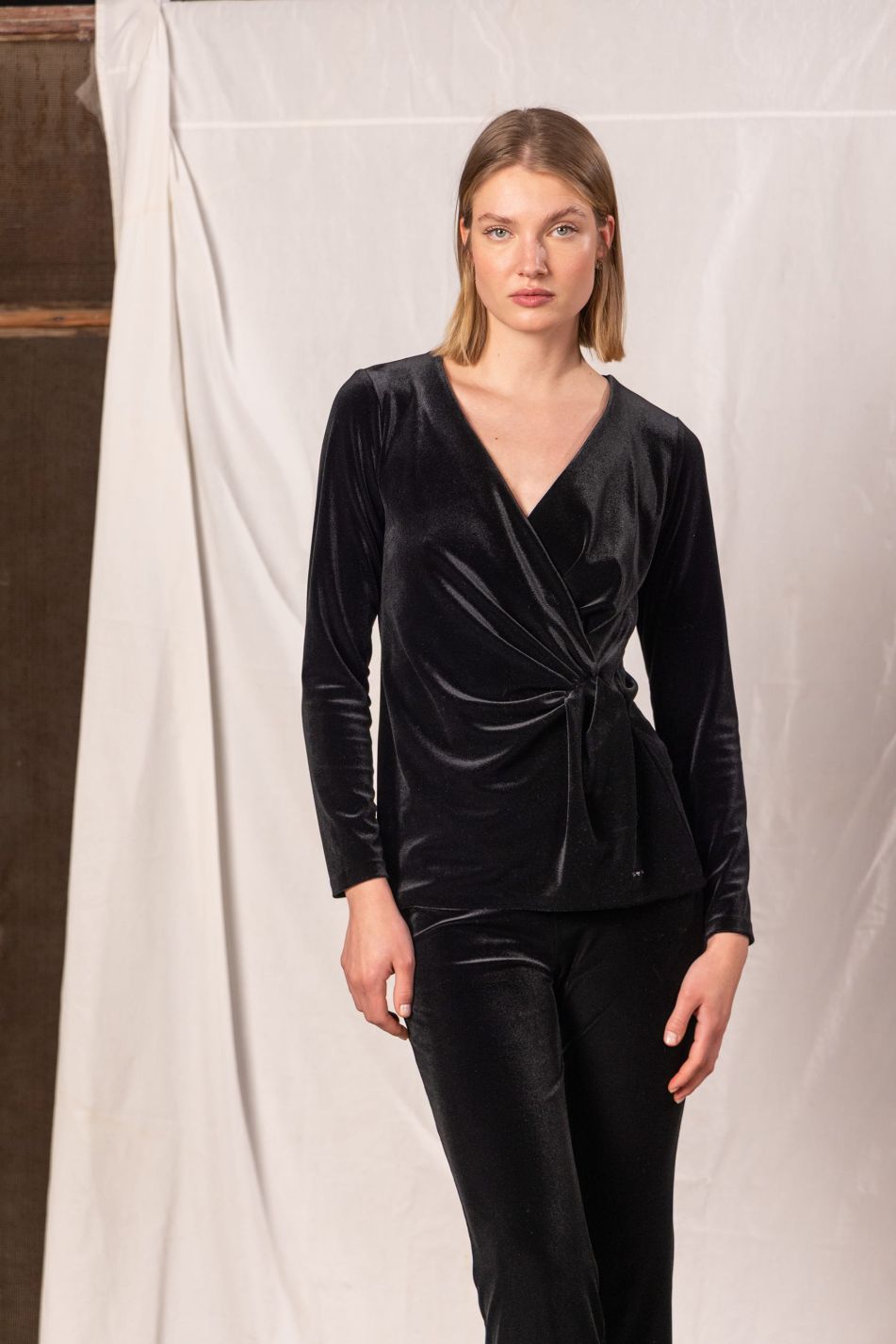 Stretch Jersey Velvet Top With Wrap V-Neckline