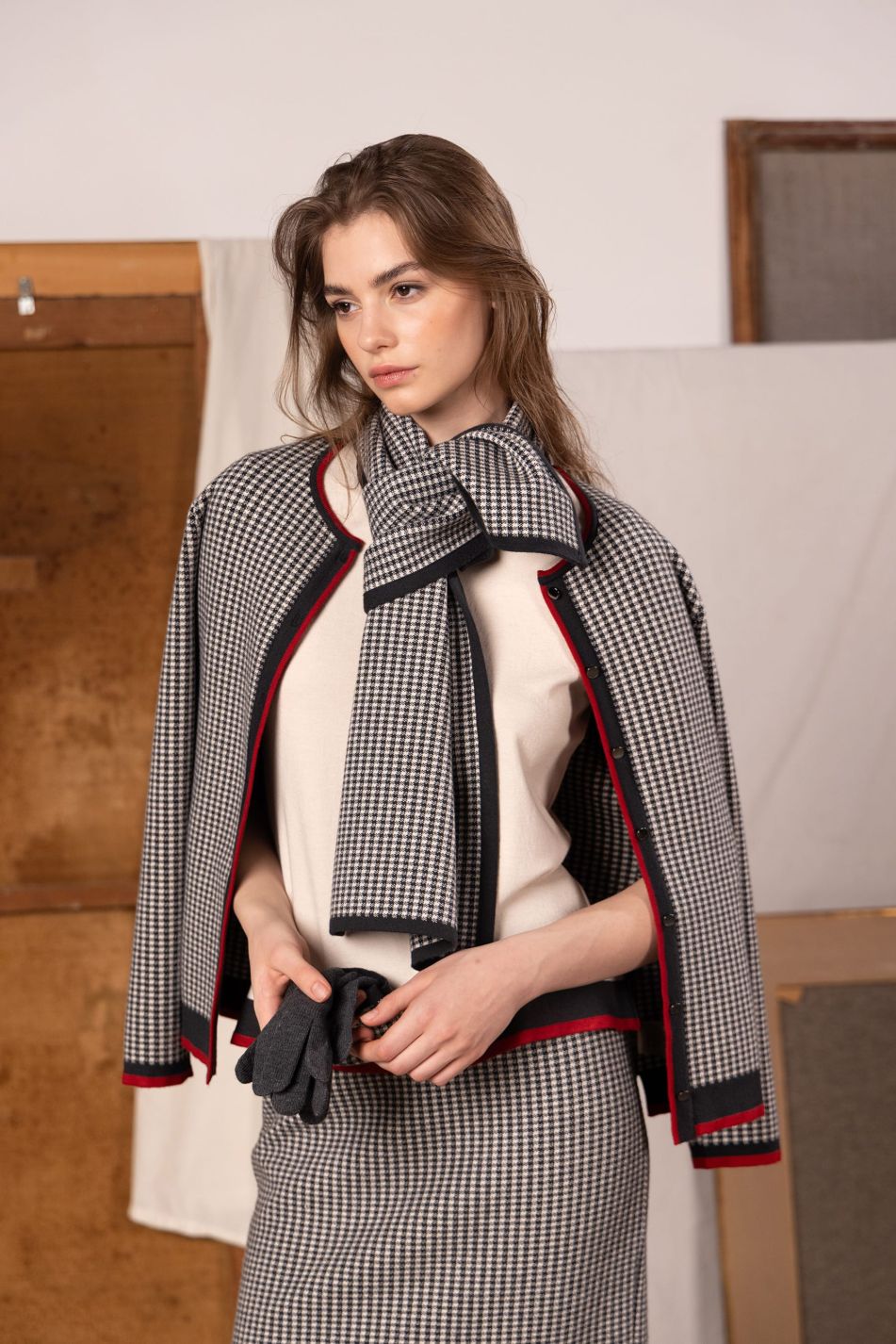 Cachecol de malha jacquard com xadrez vichy