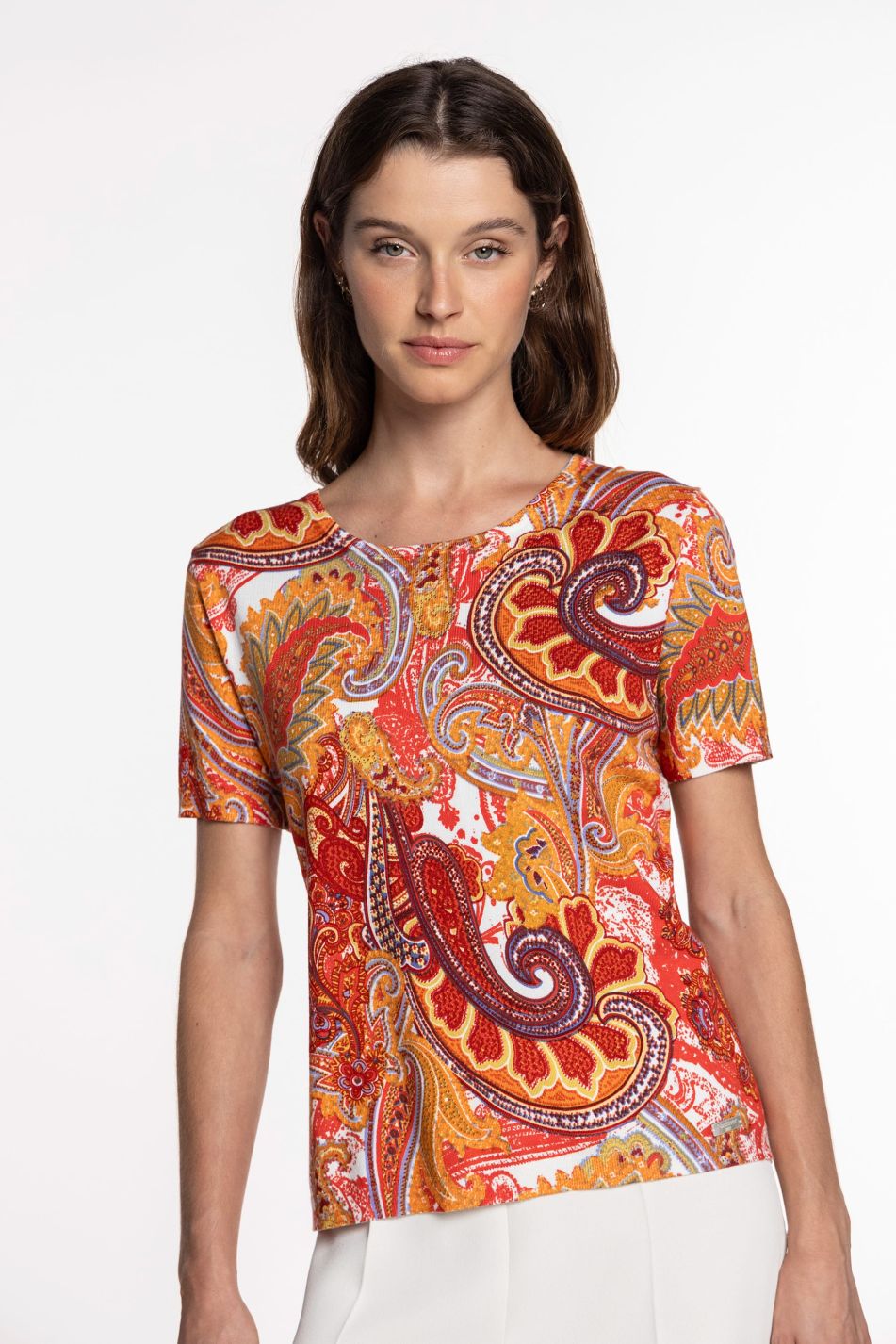 Paisley print short-sleeve knit sweater