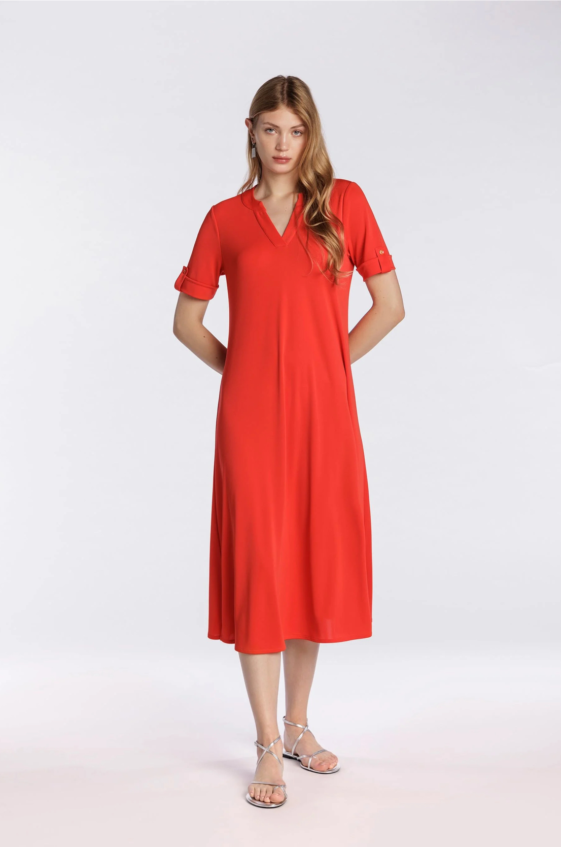 maxi vestido de punto naranja, manga corta