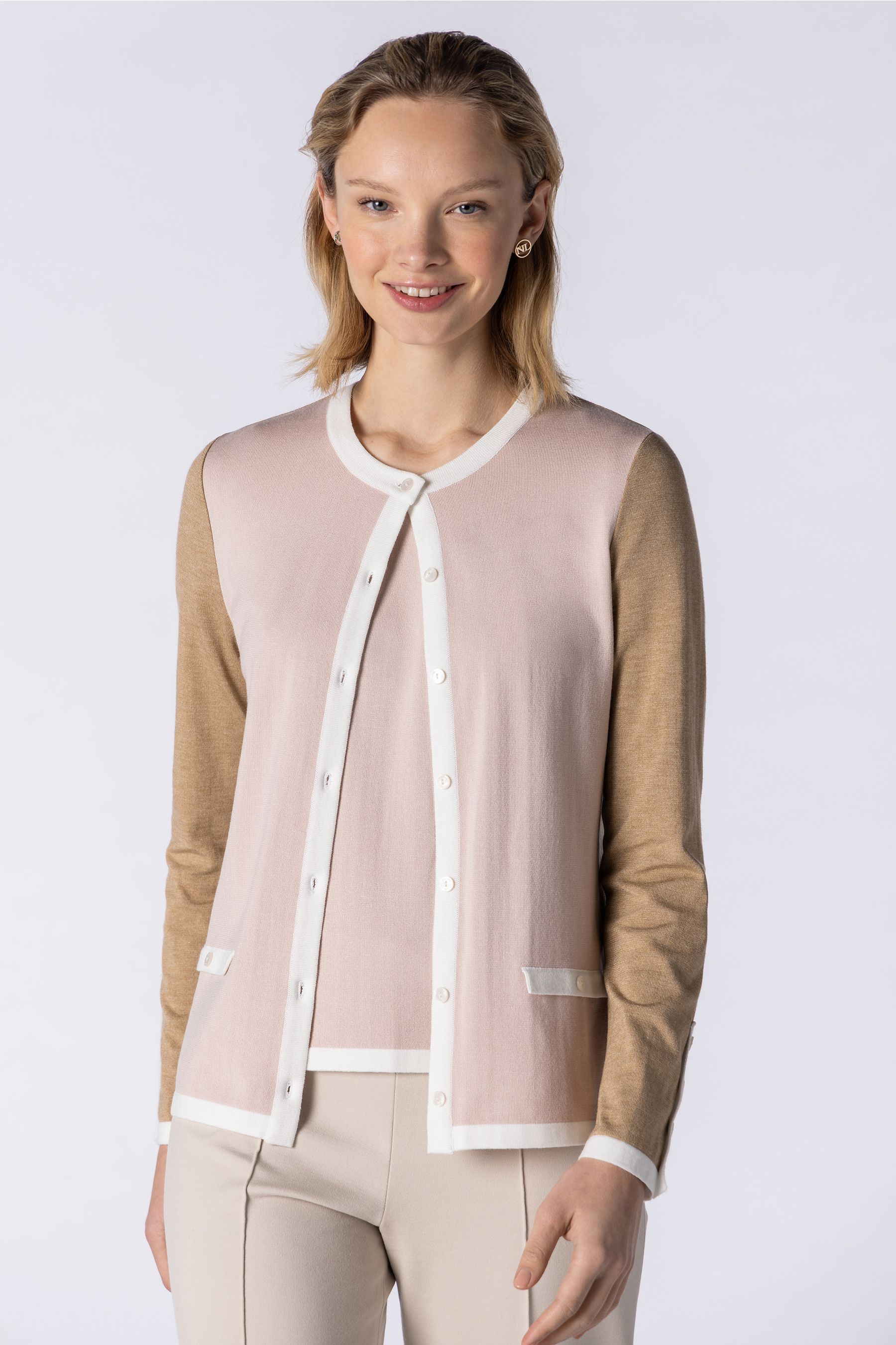twin set rosa, blaco y beige