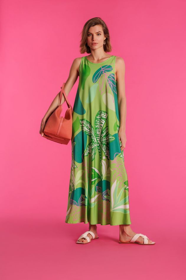 Vestido verde con estampado tropical